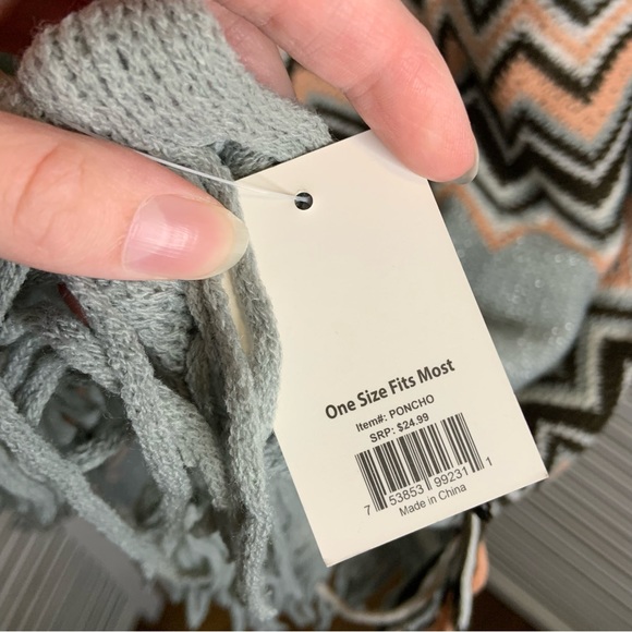 Jade Chevron Print Metallic Light Gray Brown and Pink Fringe Winter Poncho - Picture 12 of 12